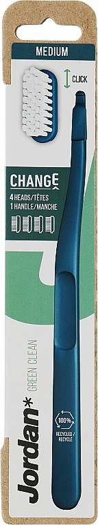 Зубная щетка с 4 сменными головками, средней жесткости, синяя - Jordan Change Green Clean