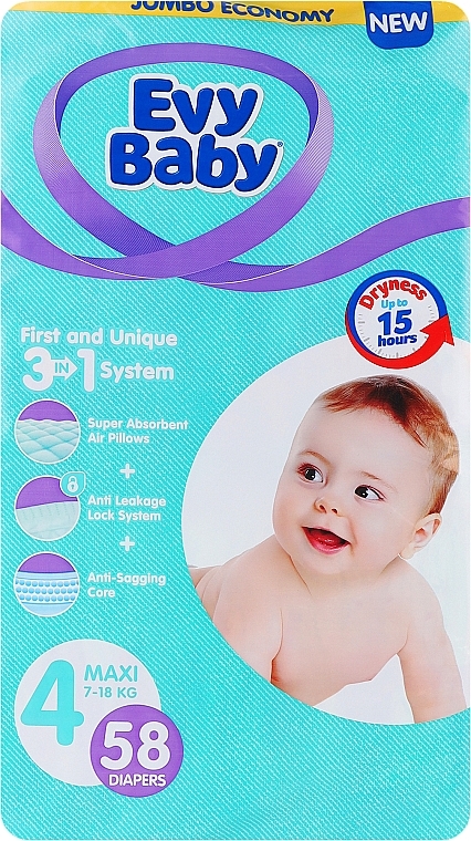 Подгузники детские гигиенические одноразовые Maxi Elastic Jumbo 7-18 кг, 58 шт. - Evy Baby — фото N1