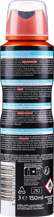 Дезодорант-антиперспирант "Карбоновая защита" для мужчин - L'Oreal Paris Men Expert Carbon Protect Anti-Perspirant Total Protection 48H — фото N4