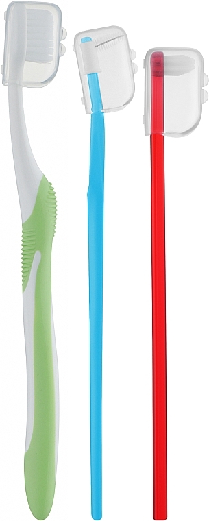 Набір для чищення брекет-систем, салатова + червона щітка - Dentonet Pharma Brace Kit (t/brush/1шт+single/brush/1шт+holder/1шт+d/s/brush/3шт) — фото N1