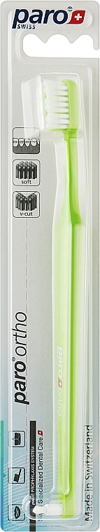 Зубная щетка ортодонтическая с монопучковой насадкой, мягкая, салатовая - Paro Swiss Ortho Brush — фото N1