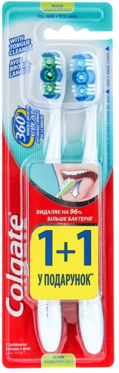 Зубная щетка 360 "Суперчистота" средняя, 1+1, голубая+зеленая - Colgate — фото N1