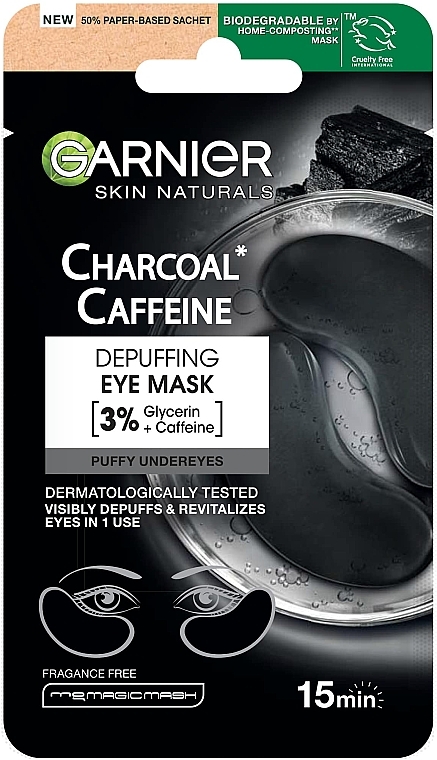  Тканинні патчі з кофеїном для зменшення мішків під очима - Garnier SkinActive Charcoal Caffeine Depuffing Eye Mask — фото N1