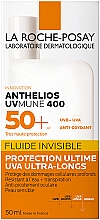 Легкий солнцезащитный флюид, устойчивый к воде и поту, для чувствительной кожи лица, высокий уровень защиты от UVB и очень длинных UVA лучей SPF50+ - La Roche-Posay Anthelios Invisible Fluid — фото N2