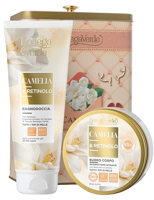 Набор - Bottega Verde Camellia And Retinol Gift Set (sh/gel/200ml + b/butter/150ml + metal/box/1pc) — фото N1