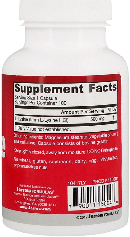 Пищевые добавки "L-лизин 500 мг" - Jarrow Formulas L-Lysine 500mg — фото N2
