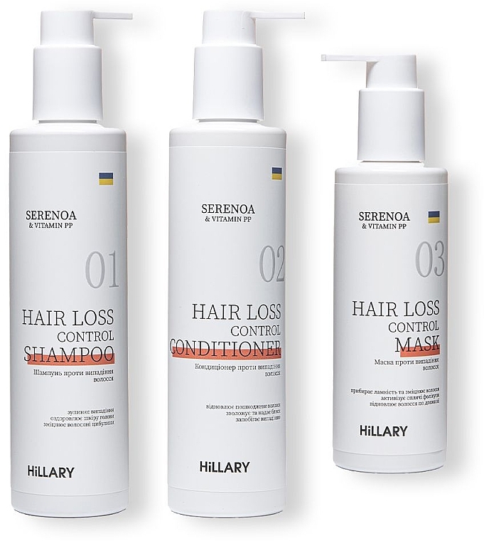 Набор "Комплекс против выпадения волос" - Hillary Serenoa Vitamin РР Hair Loss Control (cond/250ml + shamp/250ml + h/mask/200m)