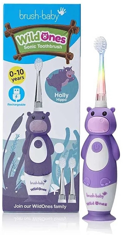 Электрическая зубная щетка, 0-10 лет - Brush-Baby WildOnes Holly Hippo Sonic Toothbrush — фото N1