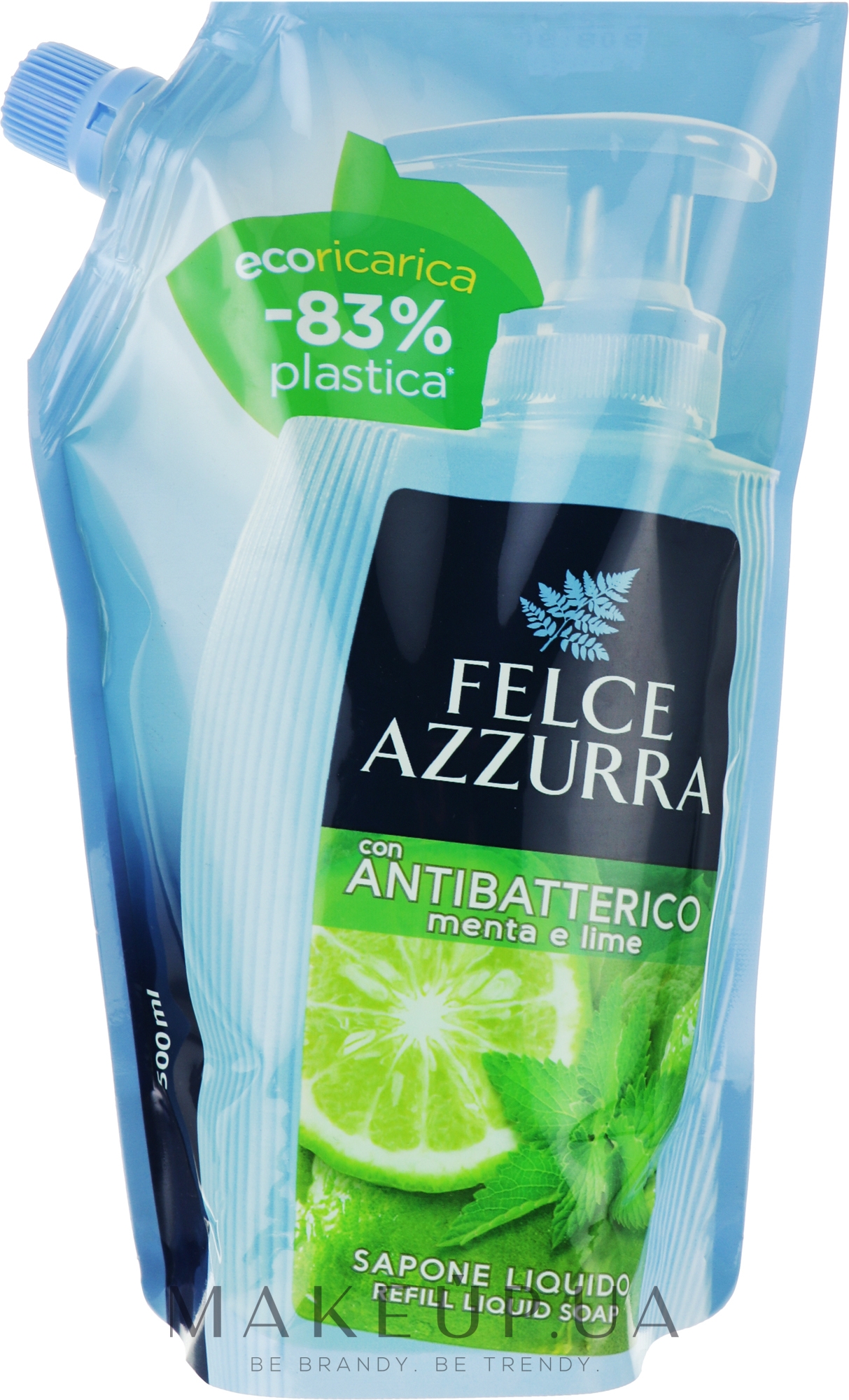 Рідке мило "М'ята і лайм" - Felce Azzurra Antibacterial Mint & Lime (дой-пак) — фото 500ml