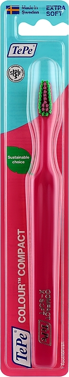 Зубна щітка, надм'яка, темно-рожева із зеленою щетиною - TePe Colour Compact X-Soft Gul — фото N1