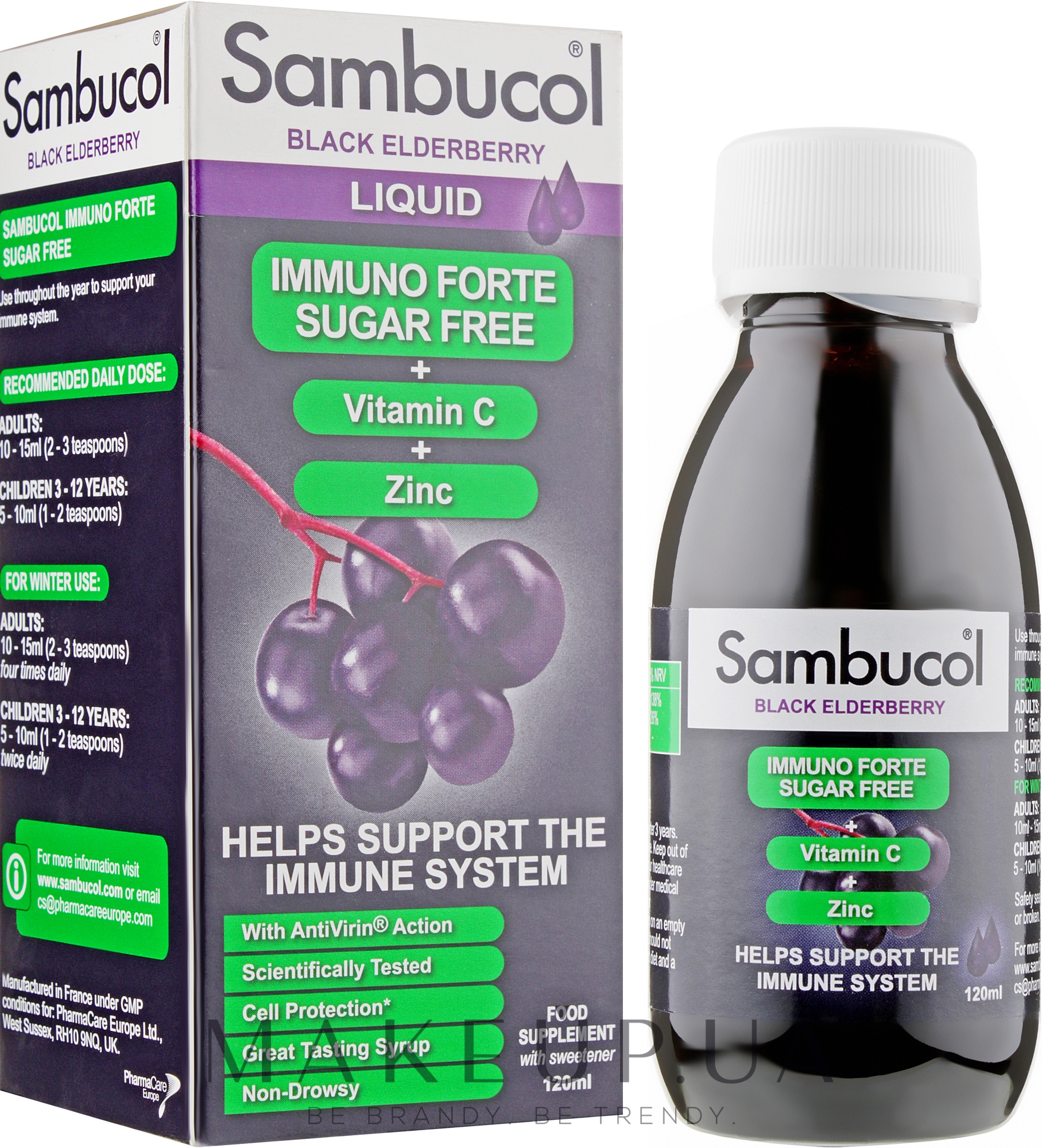 Сироп для імунітету "Чорна бузина + вітамін С + цинк", без цукру - Sambucol Immuno Forte Sugar Free — фото 120ml