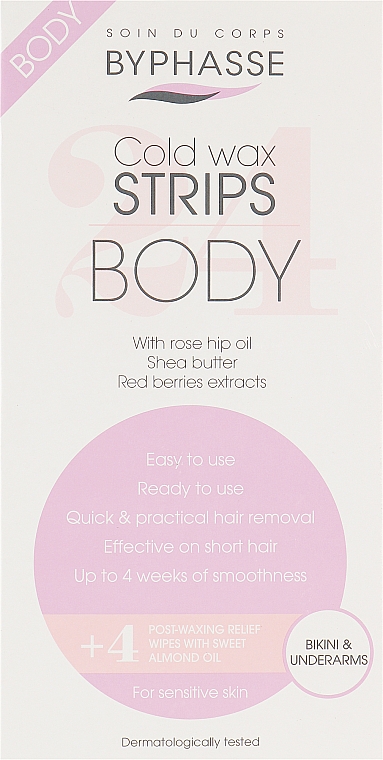 Набор для депиляции бикини - Byphasse Cold Wax Strips Bikini & Underarms For Sensitive Skin (24/strips + 4/wipes)
