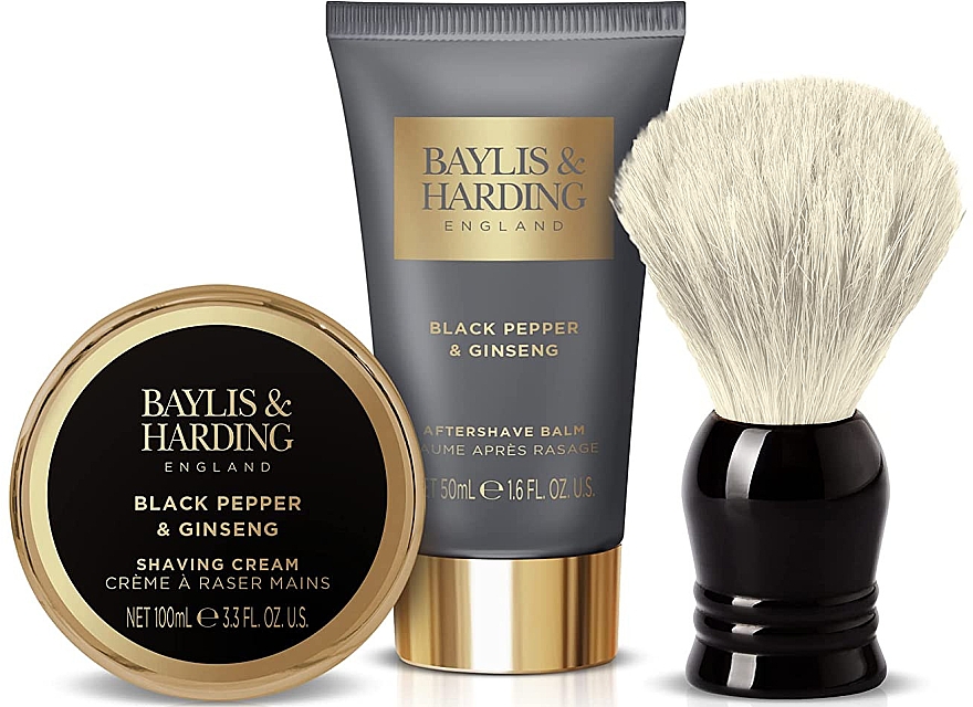Набор - Baylis & Harding Black Pepper & Ginseng Luxury Shave Set (sh/cr/100ml + ash/balm/50ml + sh/brush) — фото N3