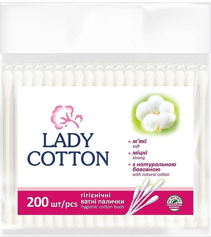 Ватные палочки в полиэтиленовом пакете, 200шт - Lady Cotton