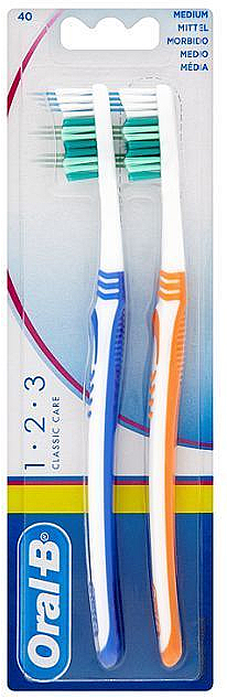 Набор зубных щеток "40" средней жесткости, голубая + оранжевая - Oral-B 1-2-3 Classic Care Medium — фото N1