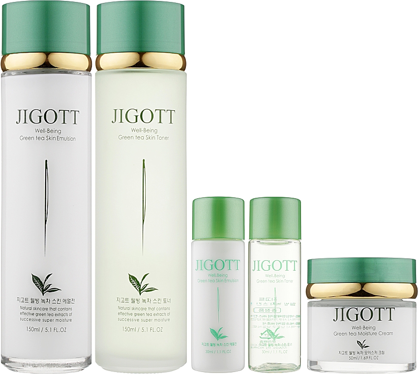 Набір - Jigott Well-Being Greentea 3 Set (f/toner/150ml + f/toner/30ml + f/emulsion/150ml + f/emulsiom/30ml + f/cream/50ml) — фото N2