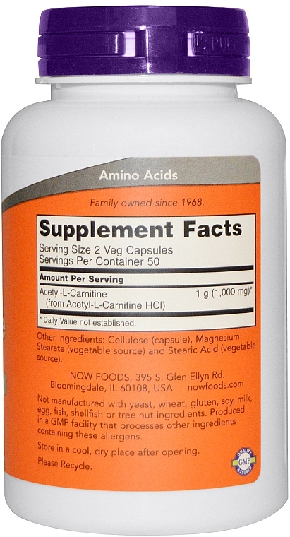 Пищевая добавка "Карнитин", капсулы, 500 мг - Now Foods Acetyl-L-Carnitine — фото N4