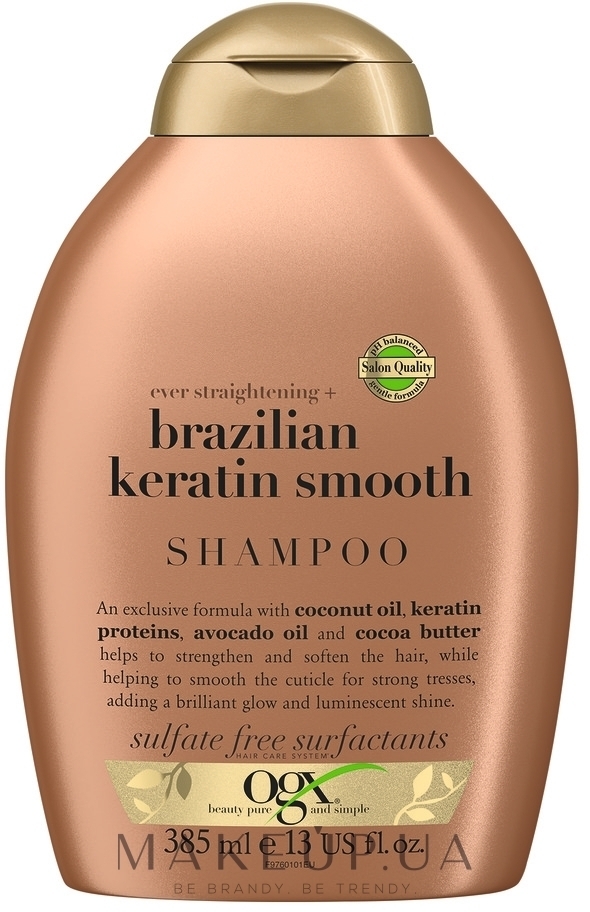 Разглаживающий шампунь для укрепления волос "Бразильский кератин" - OGX Shampoo Brazilian Keratin Therapy — фото 385ml