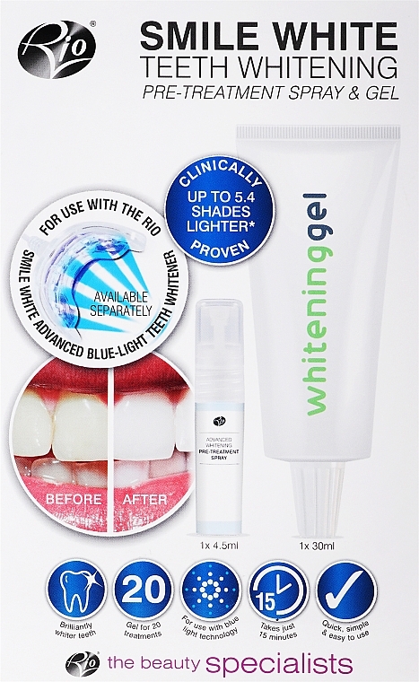 Набор для отбеливания зубов - Rio-Beauty Smile White Teeth Whitening Pre-Treatment Spray & Gel — фото N1
