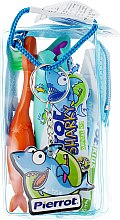 Набор детский "Акула", оранжевый + фиолетовый + бирюзовый + чехол синий - Pierrot Kids Sharky Dental Kit (tbrsh/1шт. + tgel/25ml + press/1шт.) — фото N1