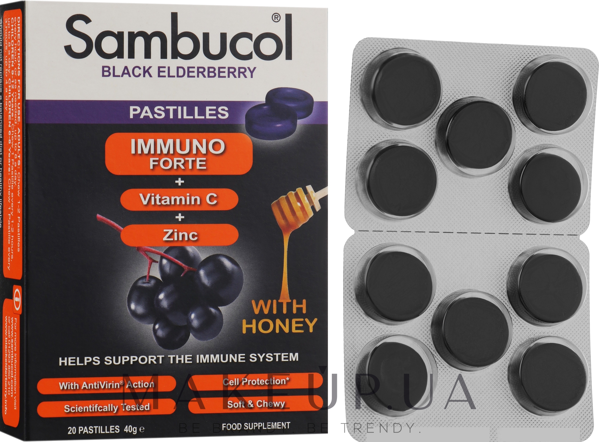 Пастилки для імунітету "Чорна бузина + вітамін С + цинк" - Sambucol Immuno Forte Pastilles — фото 20шт