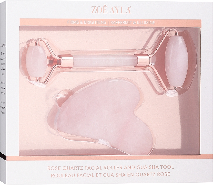 Набор для лица из розового кварца: роликовый массажер и скребок Гуаша - Zoe Ayla Rose Quartz Roller & Gua Sha — фото N1