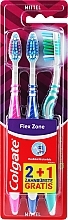 Набор зубных щеток средней жесткости, 3 шт, синяя+розовая+бирюзовая - Colgate Flex Zone — фото N1