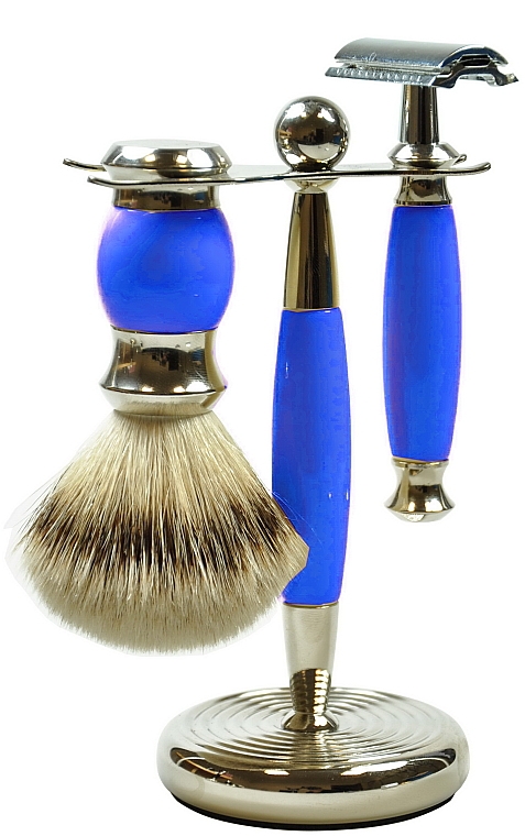 Набор для бритья - Golddachs Synthetic Hair, Safety Razor Polymer Blue Chrom (sh/brush + razor + stand) — фото N1