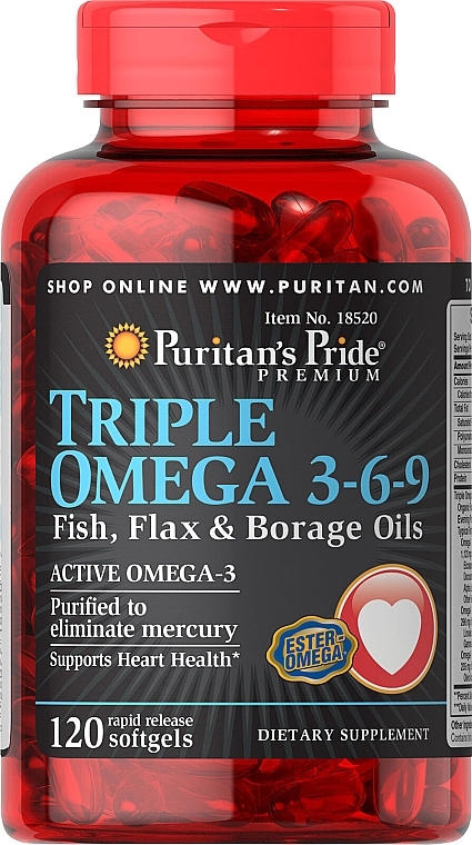 Диетическая добавка "Омега 3-6-9 " - Puritan's Pride Triple Omega 3-6-9 Fish, Flax&Borage Oils — фото N1