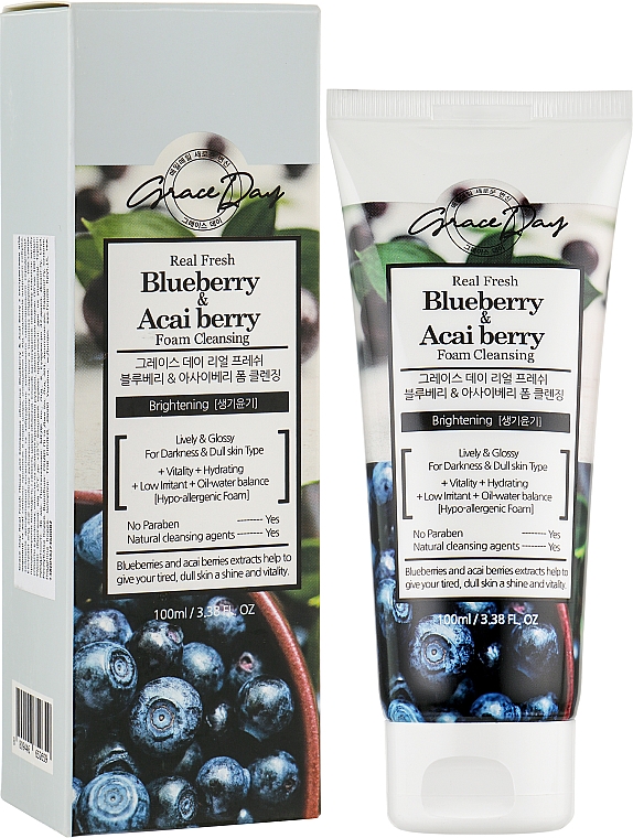 Пінка для вмивання обличчя з екстрактами ягід чорниці й асаї - Grace Day Real Fresh Blueberry Acai Berry Foam Cleanser — фото N2