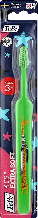 Дитяча зубна щітка від 3 років, зелена з жирафом - TePe Kids Extra Soft — фото N1