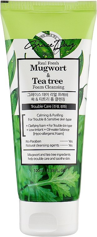 Пінка для вмивання обличчя з екстрактами полину й чайного дерева - Grace Day Real Fresh Mugwort Tee-Tree Foam Cleanser — фото N1