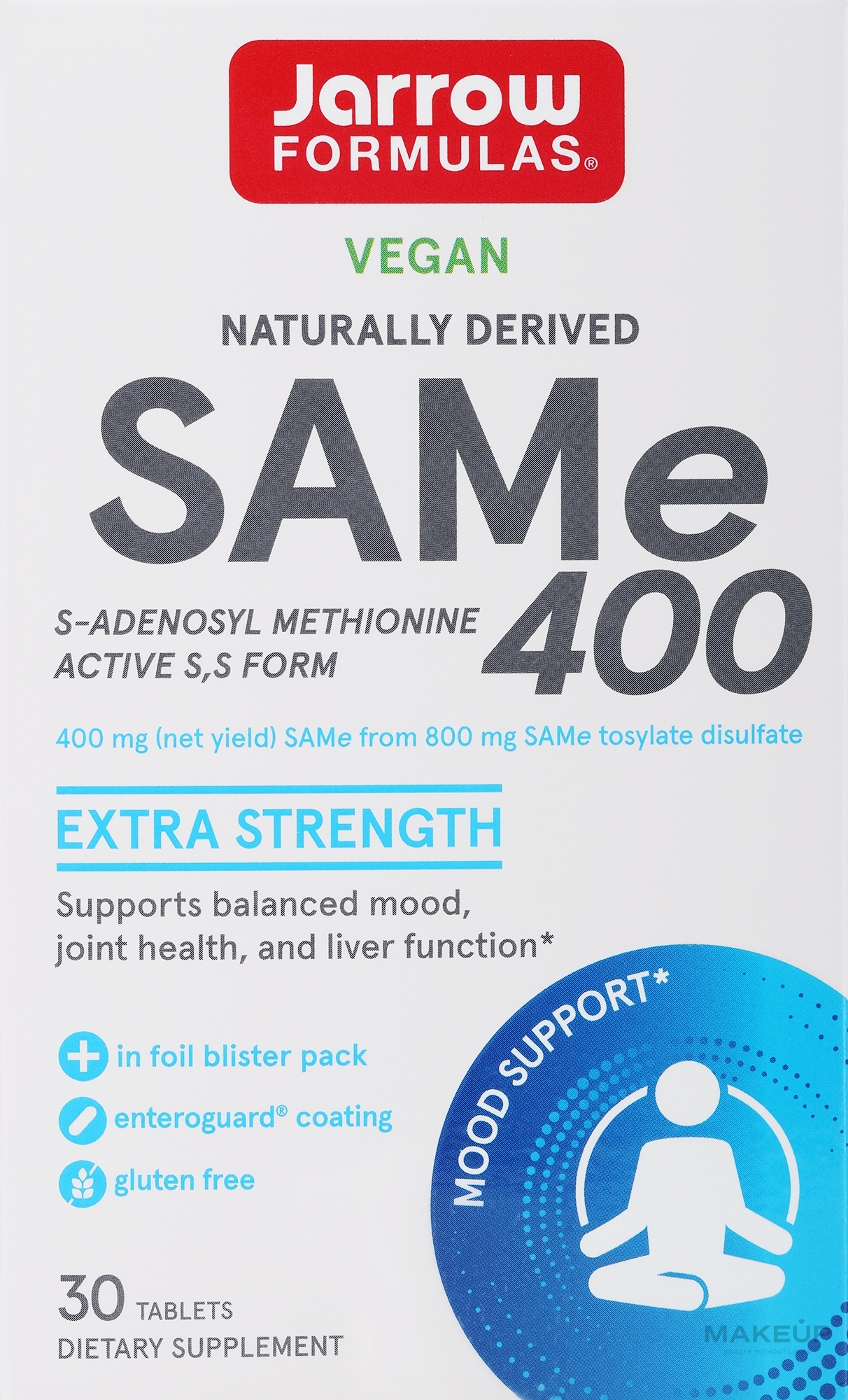 Харчові добавки з ентеросолюбильним покриттям - Jarrow Formulas SAM-e 400 (S-Adenosyl-L-Methionine) 400 mg — фото 30шт