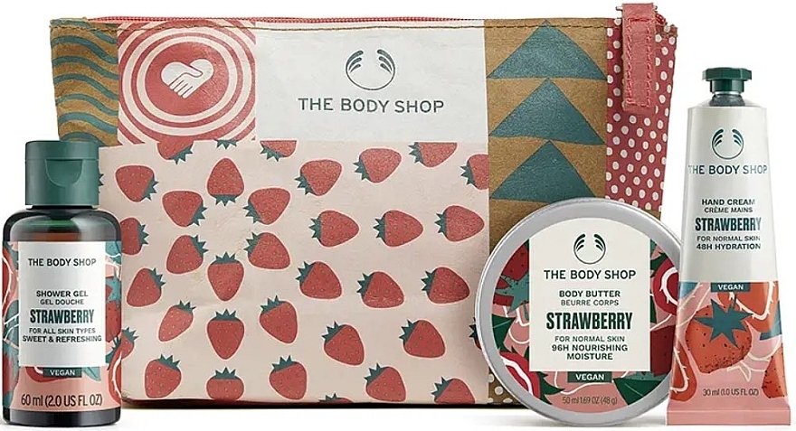 Набор - The Body Shop Jolly & Juicy Strawberry Mini Holiday Gift (sh/gel/60ml + b/butter/50ml + h/cr/30ml + bag/1pcs) — фото N1