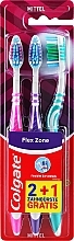 Духи, Парфюмерия, косметика Набор зубных щеток средней жесткости, 3 шт, розовая+фиолетовая+зеленая - Colgate Flex Zone