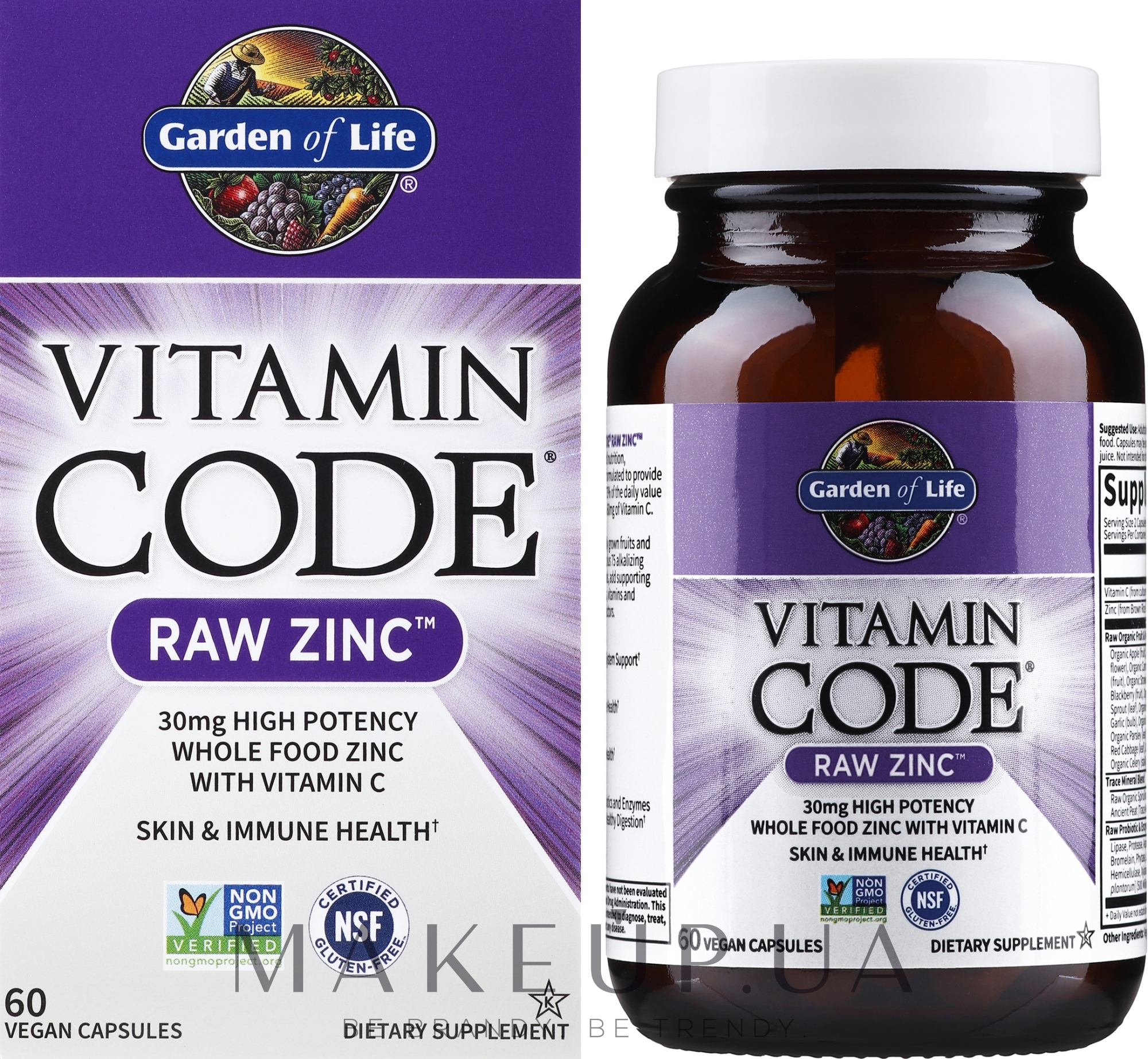 Харчова добавка "Цинк з вітаміном С" - Garden of Life Vitamin Code Raw Zinc — фото 60шт