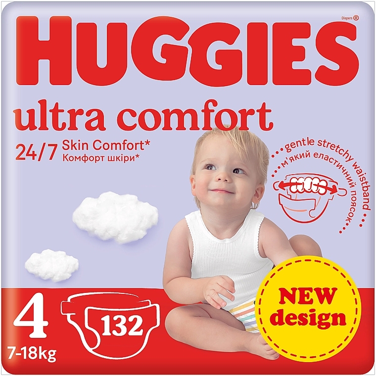 Підгузки на липучках Ultra Comfort M-Pack 4 (7-18 кг), 132 шт. - Huggies — фото N1
