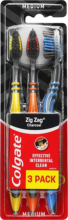 Зубная щетка "ЗигЗаг" перекрестные щетинки, 2+1 средней жесткости, желтая+оранжевая+синяя - Colgate Zig Zag — фото N1