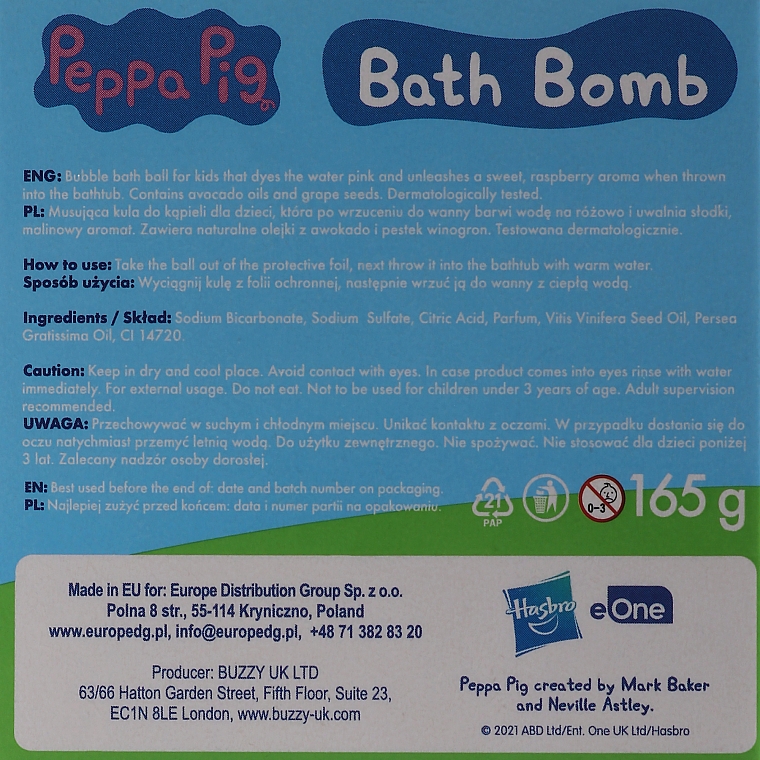 Бомбочка для ванны с натуральным маслом виноградных косточек и авокадо - Peppa Pig Bath Bomb With Natural Grape Seed And Avocado Oil — фото N2
