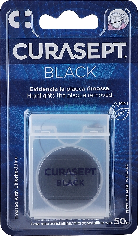 Зубна нитка чорна, 50 м, м'ятна - Curaprox Curasept Waxed Classic Black Floss — фото N1