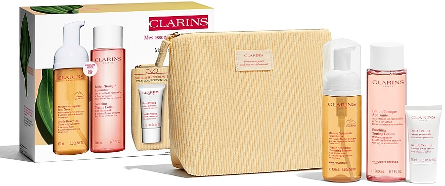 Набір - Clarins My Cleansing Essentials Sensitive Skin (mousse/150 ml + lot/200 ml + cr/15 ml + pouch) — фото N1
