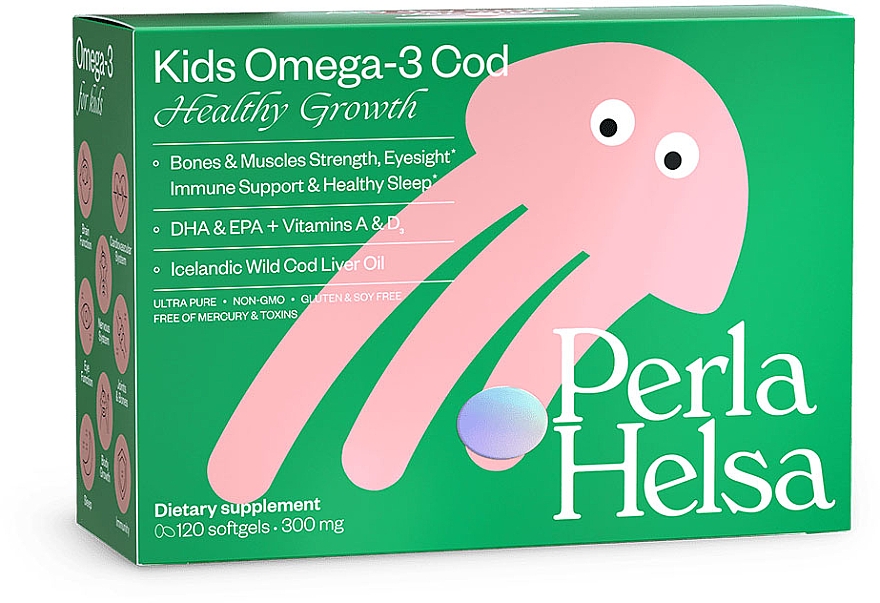 Омега-3 із тріски, з вітамінами А і Д3, 120 капсул - Perla Helsa Kids Omega-3 Cod Healthy Growth Dietary Supplement — фото N1