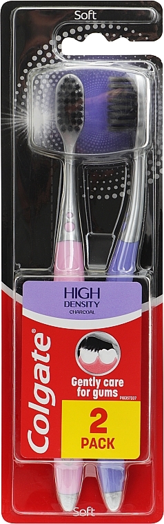 Набор зубных щеток, мягкие, розовая+сиреневая - Colgate High Density Charcoal — фото N1