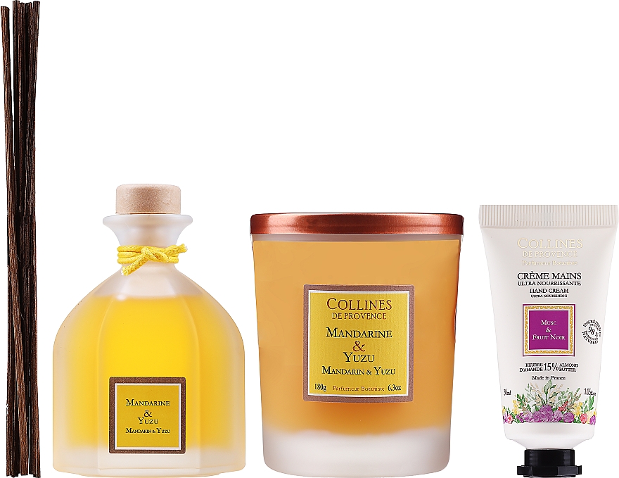 Набор - Collines De Provence Mandarin & Yuzu (aroma/diffuser/100ml + candle/180g + h/cr/30ml) — фото N2