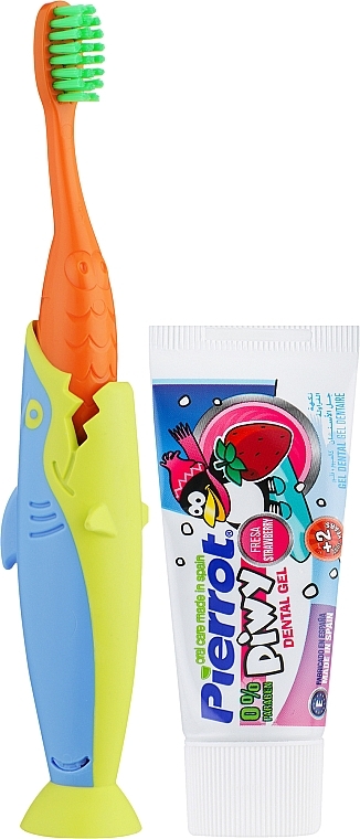 Набор детский "Акула", оранжевая щетка + желто-сиреневая акула + чехол желтый - Pierrot Kids Sharky Dental Kit (tbrsh/1шт. + tgel/25ml + press/1шт.) — фото N2