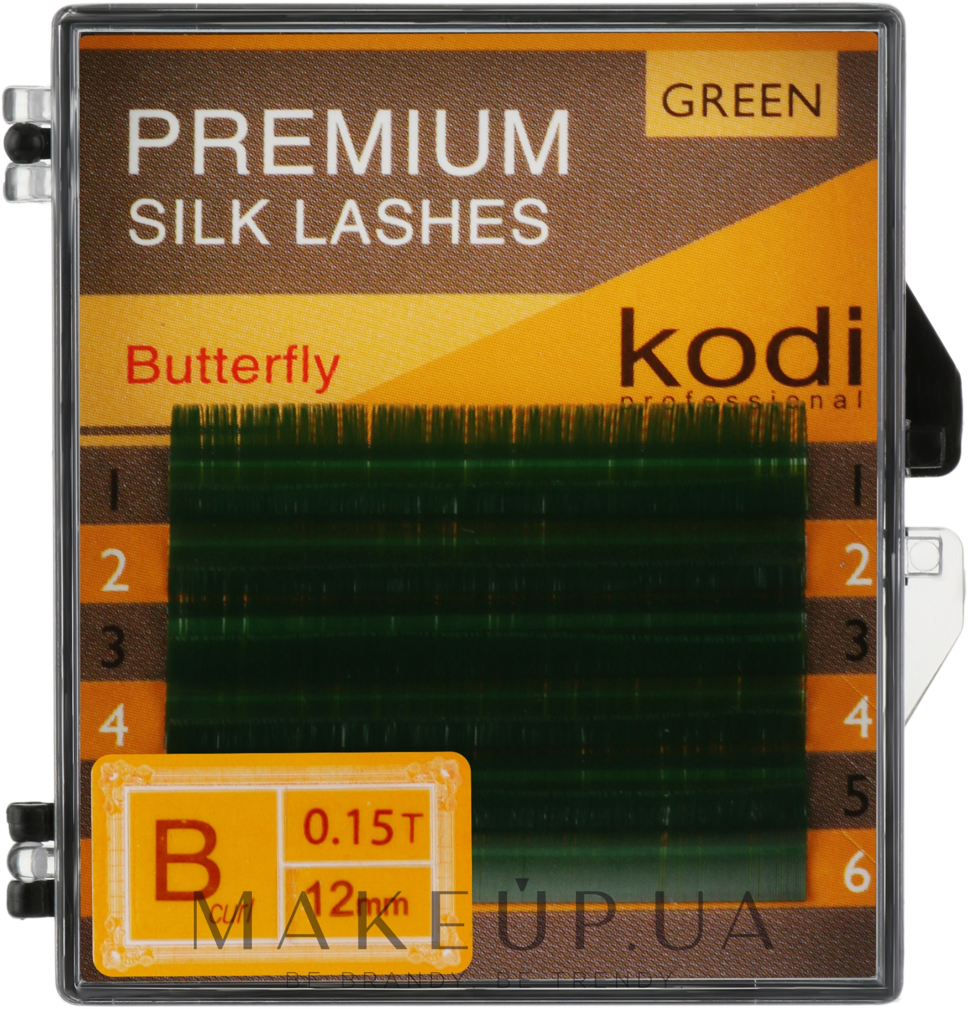 Накладні зелені вії Butterfly B 0.15 (6 рядів: 12 mm) - Kodi Professional — фото 1уп