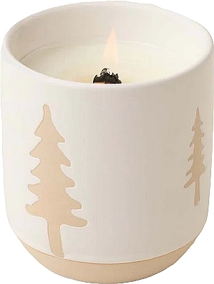 Ароматическая свеча в стакане, белая с золотом - Paddywax Cypress & Fir Ceramic Candle With Tree Pattern & Wooden Wick White — фото N1