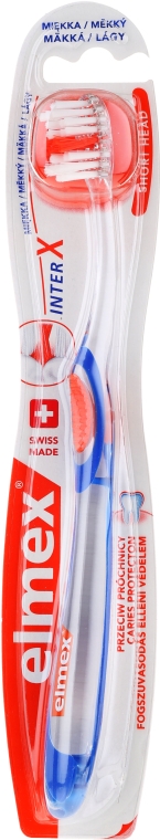 М'яка зубна щітка, прозора з синьо-помаранчевим - Elmex Toothbrush Caries Protection InterX Soft Short Head — фото N1