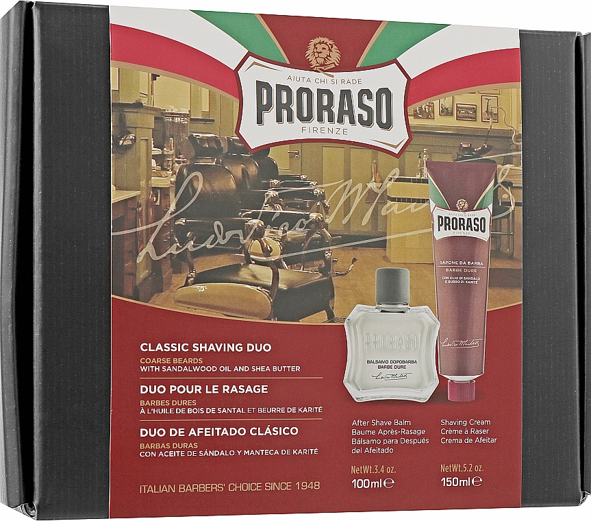 Набор для бритья жесткой щетины с экстрактом карите и сандаловым маслом - Proraso Red Classic Shaving Duo (sh/cr/150ml + ash/balm/100ml)