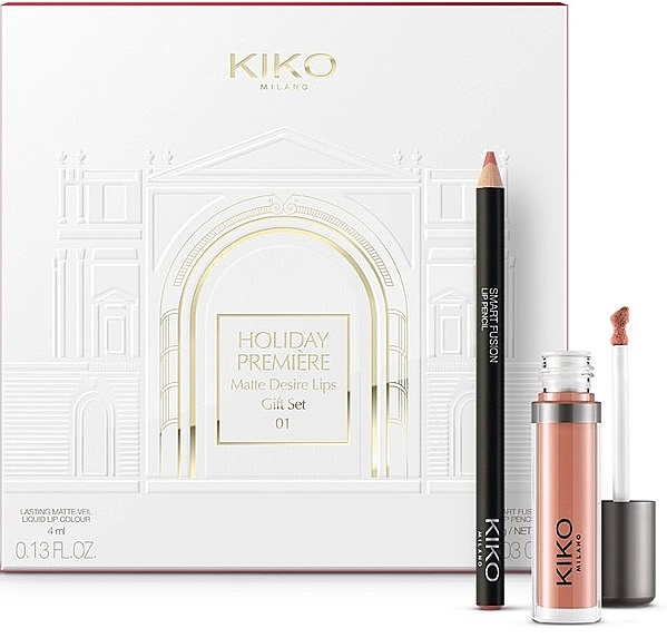 Набор - Kiko Milano Holiday Premiere Matte Desire Lips 01 Beige (liq/lipst/4ml + lip/pen/0/9g) — фото N1